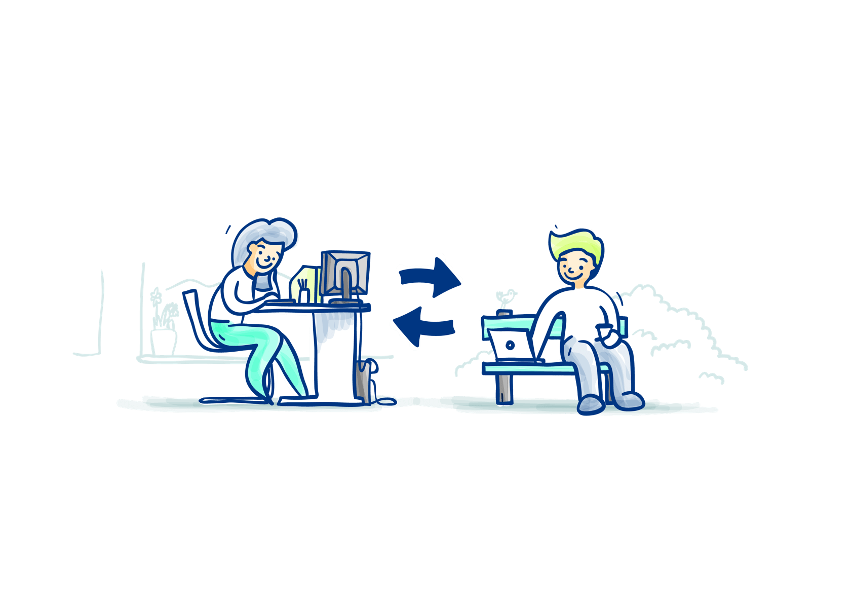 illustration of people using computers to connect with each other