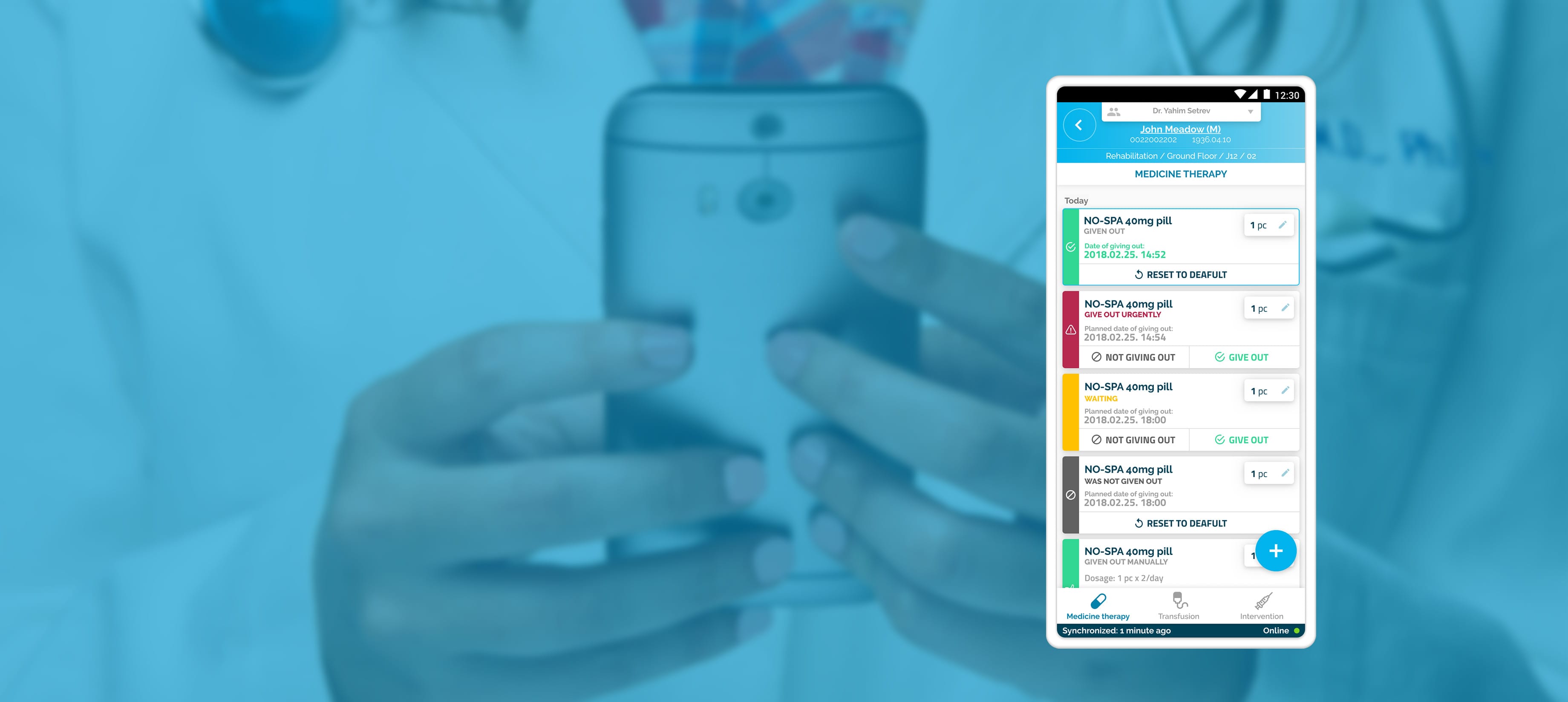 patient care mobile app screen and a doctor holding cellphone in her hands