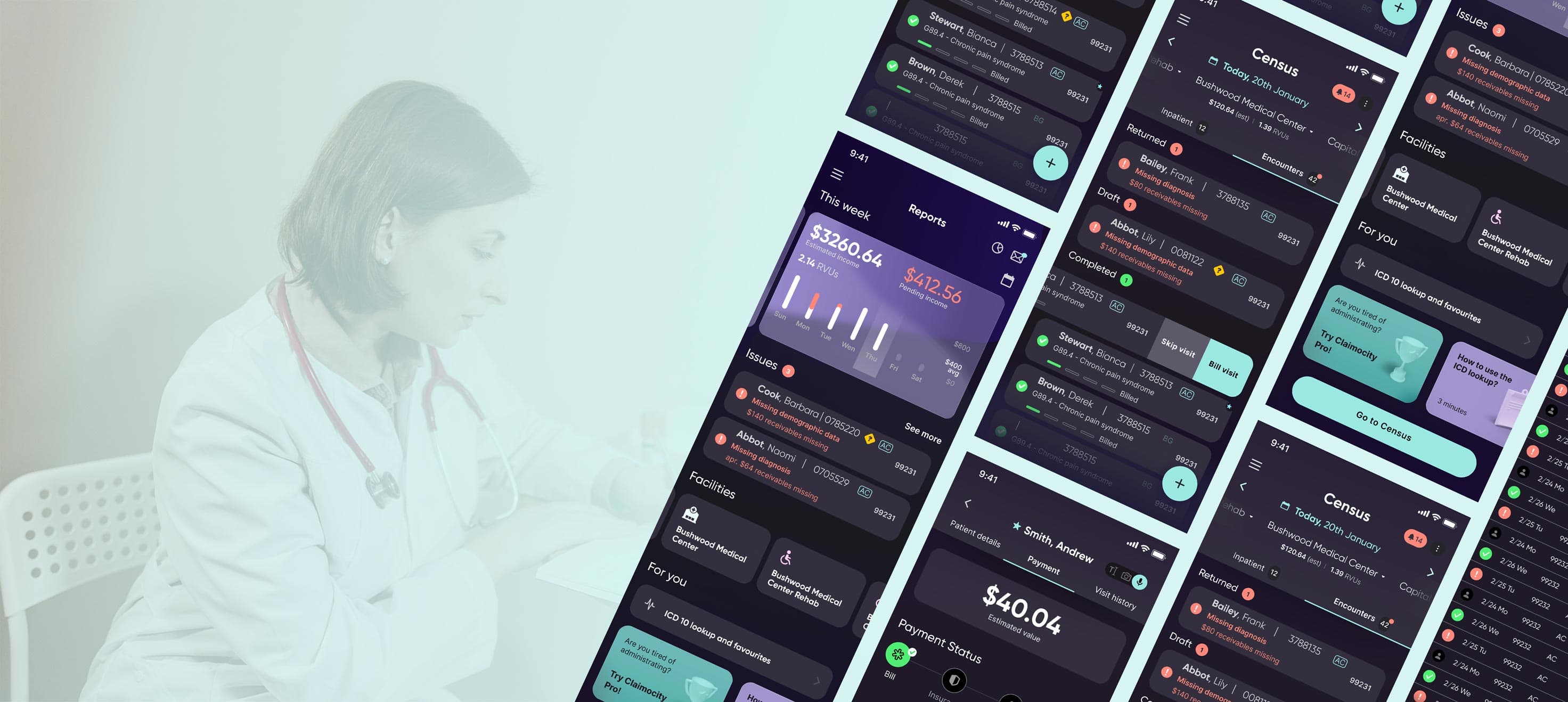 doctor completing administration with the help of the new mobile app screens